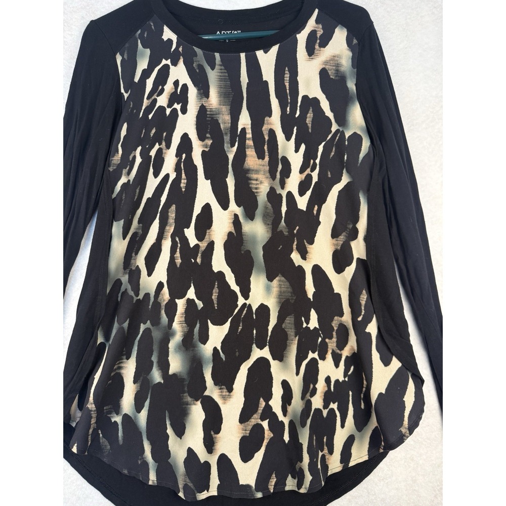 Black Beige Abstract Print Top Womens Small Long Sleeve Casual APT 9 Rayon